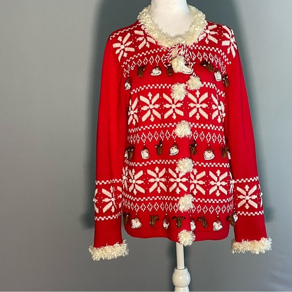 Just B Lg Cutest “Ugly Christmas Sweater”, Felt/Beaded Stuffed Reindeer, Santas - Picture 5 of 16